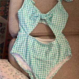 Arizona Jean Company Aqua Gingham One-Piece Swimsuit with Front Tie